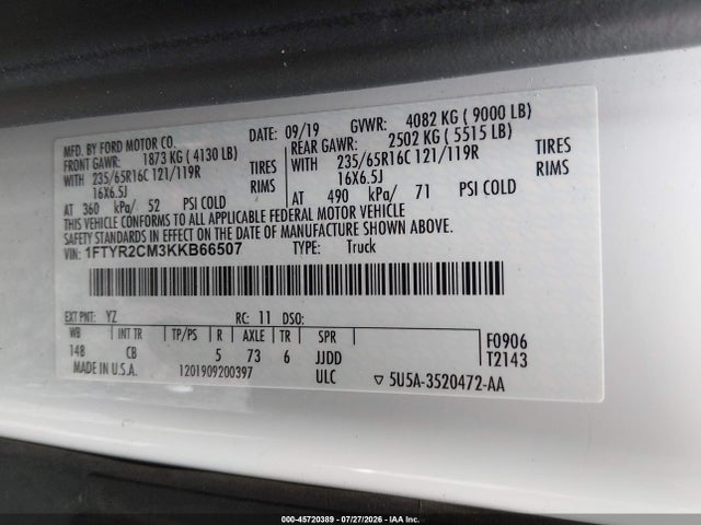 45720389 :رقم المزاد ، 1FTYR2CM3KKB66507 vin ، 2019 Ford Transit-250 مزاد بيع