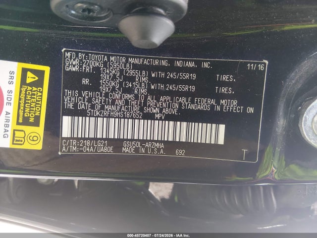 45720407 :رقم المزاد ، 5TDKZRFH9HS187652 vin ، 2017 Toyota Highlander Se مزاد بيع