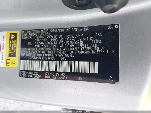 2013 Lexus Rx 350 მანქანა იყიდება აუქციონზე, vin: 2T2BK1BA1DC214906, აუქციონის ნომერი: 45720410