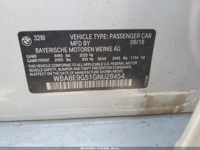 45720430 :رقم المزاد ، WBA8E9G51GNU28454 vin ، 2016 Bmw 328i مزاد بيع