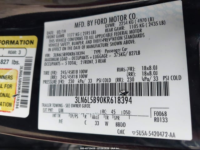 Aukcja sprzedaży 2019 Lincoln Mkz Standard, vin: 3LN6L5B90KR618394, numer aukcji: 45720439