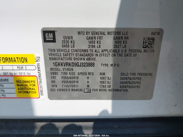 Aukcja sprzedaży 2016 Gmc Acadia Slt-1, vin: 1GKKVRKD9GJ323888, numer aukcji: 45720440