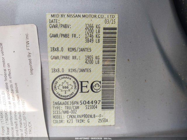 Продажа на аукционе авто 2015 Nissan Titan Pro-4x/s/sl/sv, vin: 1N6AA0EJ6FN504497, номер лота: 45720452