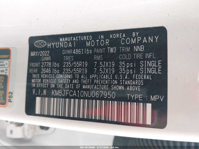 KM8JFCA10NU067950 Hyundai Tucson Hybrid Sel Convenience
