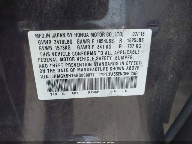 Продаж на аукціоні авто 2016 Honda Fit Ex, vin: JHMGK5H76GS009077, номер лоту: 45720474