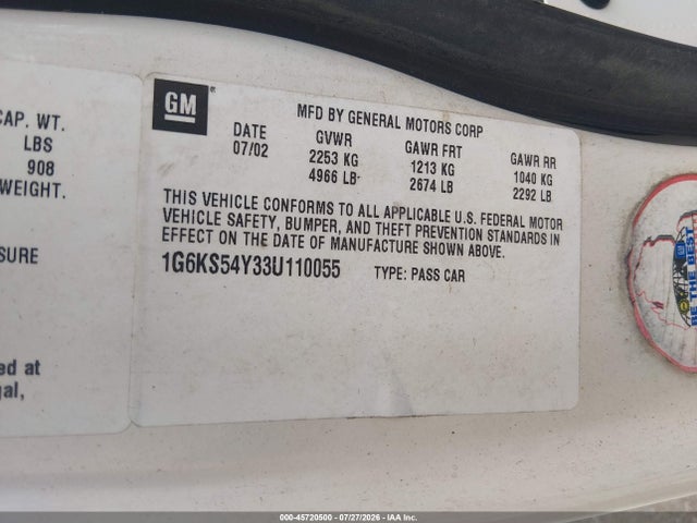 45720500 :رقم المزاد ، 1G6KS54Y33U110055 vin ، 2003 Cadillac Seville Sls مزاد بيع