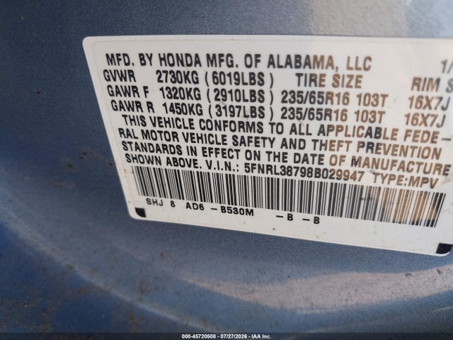 2008 Honda Odyssey Ex-l მანქანა იყიდება აუქციონზე, vin: 5FNRL38798B029947, აუქციონის ნომერი: 45720508