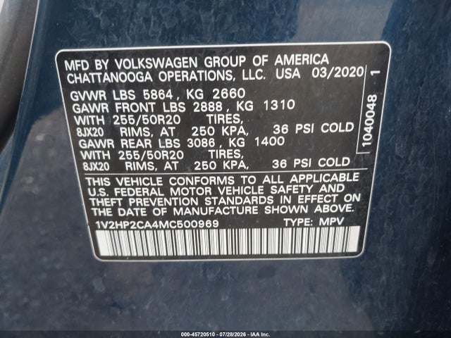 Продажа на аукционе авто 2021 Volkswagen Atlas 2.0t Se W/technology, vin: 1V2HP2CA4MC500969, номер лота: 45720510