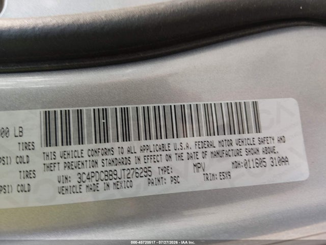 Продаж на аукціоні авто 2018 Dodge Journey Sxt, vin: 3C4PDCBB9JT276295, номер лоту: 45720517