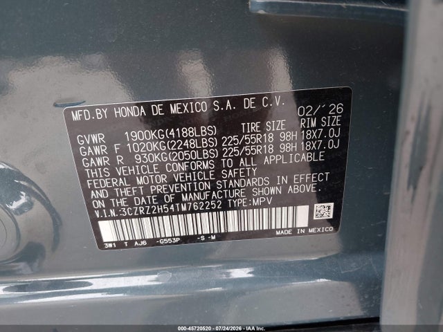 Продажа на аукционе авто 2026 Honda Hr-v Awd Sport, vin: 3CZRZ2H54TM762252, номер лота: 45720520
