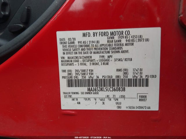 Aukcja sprzedaży 2020 Ford Ecosport Titanium, vin: MAJ6S3KL5LC360838, numer aukcji: 45720528