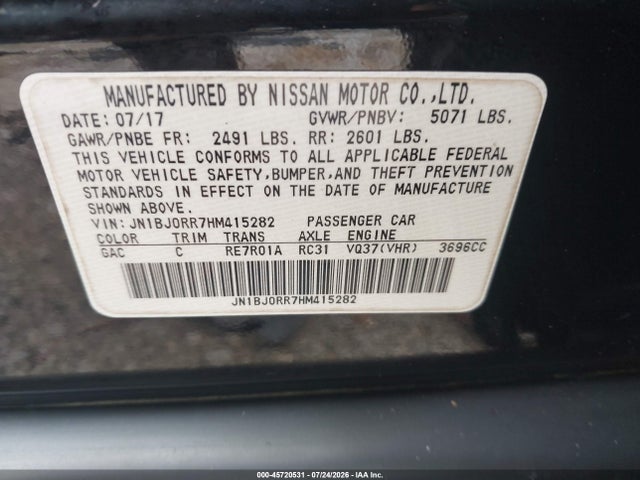 45720531 :رقم المزاد ، JN1BJ0RR7HM415282 vin ، 2017 Infiniti Qx50 مزاد بيع
