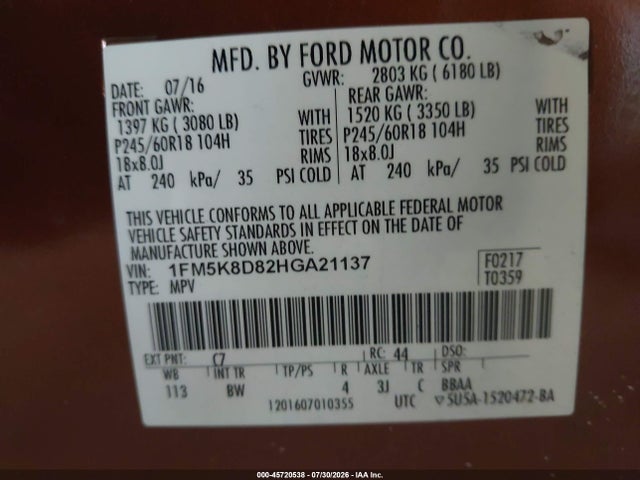 Продаж на аукціоні авто 2017 Ford Explorer Xlt, vin: 1FM5K8D82HGA21137, номер лоту: 45720538