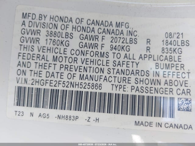 2HGFE2F52NH525866 Honda Civic Sport