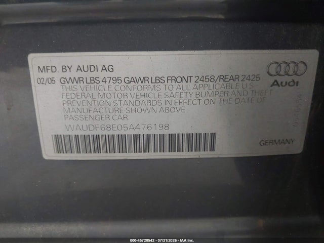 Продаж на аукціоні авто 2005 Audi A4 2.0t, vin: WAUDF68E05A476198, номер лоту: 45720542