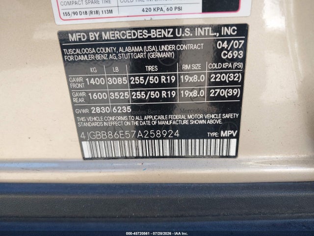 Aukcja sprzedaży 2007 Mercedes-benz Ml 350 4matic, vin: 4JGBB86E57A258924, numer aukcji: 45720561