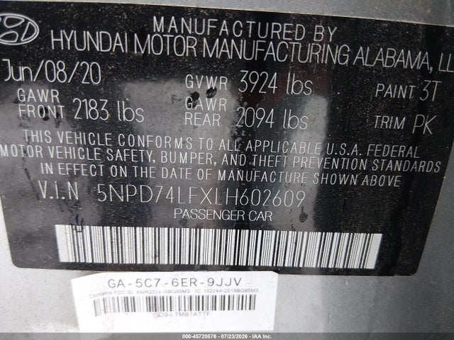 Продаж на аукціоні авто 2020 Hyundai Elantra Se, vin: 5NPD74LFXLH602609, номер лоту: 45720576