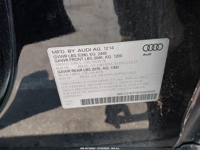 Продаж на аукціоні авто 2015 Audi Q5 2.0t Premium, vin: WA1LFAFP3FA083698, номер лоту: 45720584