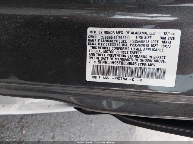 5FNRL5H95FB050045 Honda Odyssey Touring/touring Elite