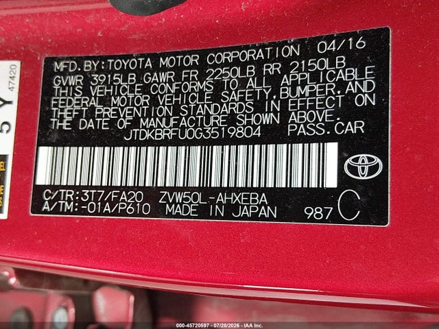 Продажа на аукционе авто 2016 Toyota Prius Two, vin: JTDKBRFU0G3519804, номер лота: 45720597