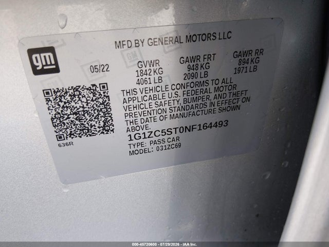 Aukcja sprzedaży 2022 Chevrolet Malibu Fwd 1fl, vin: 1G1ZC5ST0NF164493, numer aukcji: 45720600