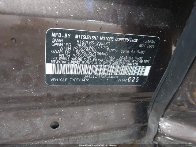 Auction sale of the 2022 Mitsubishi Outlander Sel 2.5 S-awc/sel Launch Edition S-awc/sel Special Edition S-awc, vin: JA4J4VA87NZ054628, lot number: 45720605