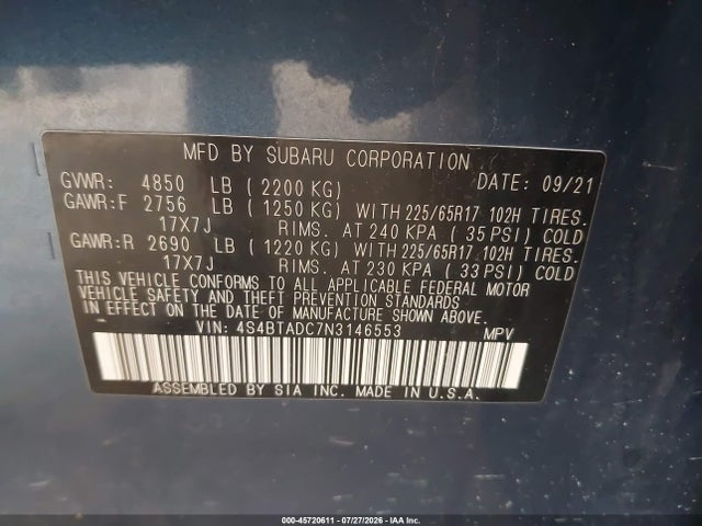 2022 Subaru Outback Premium მანქანა იყიდება აუქციონზე, vin: 4S4BTADC7N3146553, აუქციონის ნომერი: 45720611