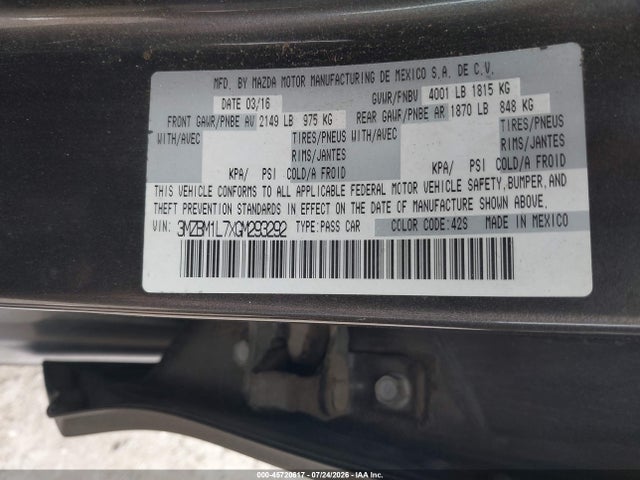 Aukcja sprzedaży 2016 Mazda Mazda3 I Touring, vin: 3MZBM1L7XGM293292, numer aukcji: 45720617