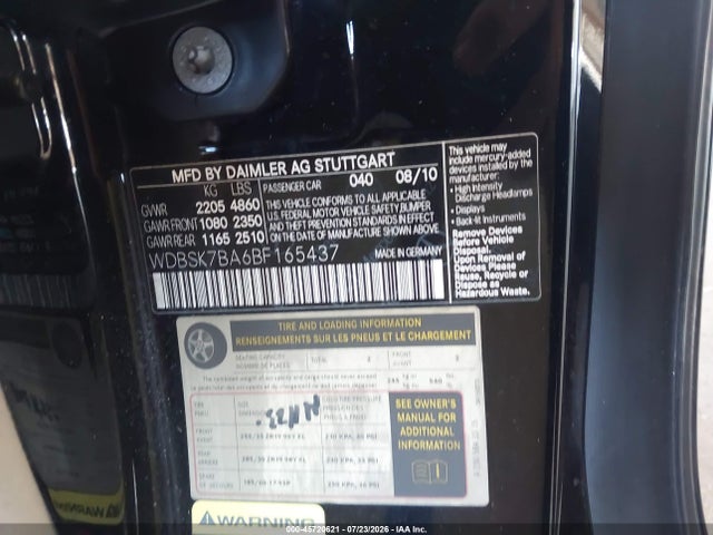45720621 :رقم المزاد ، WDBSK7BA6BF165437 vin ، 2011 Mercedes-benz Sl 550 مزاد بيع