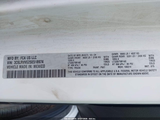 Aukcja sprzedaży 2025 Ram Promaster 2500 Tradesman Low Roof 136 Wb W/pass Seat, vin: 3C6LRVVG2SE518974, numer aukcji: 45720635