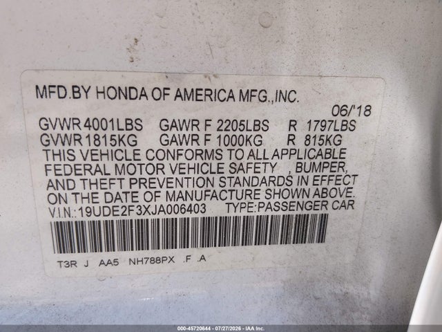 45720644 :رقم المزاد ، 19UDE2F3XJA006403 vin ، 2018 Acura Ilx Acurawatch Plus Package مزاد بيع