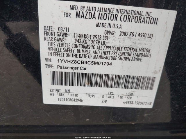 Aukcja sprzedaży 2012 Mazda Mazda6, vin: 1YVHZ8CB9C5M01794, numer aukcji: 45720645