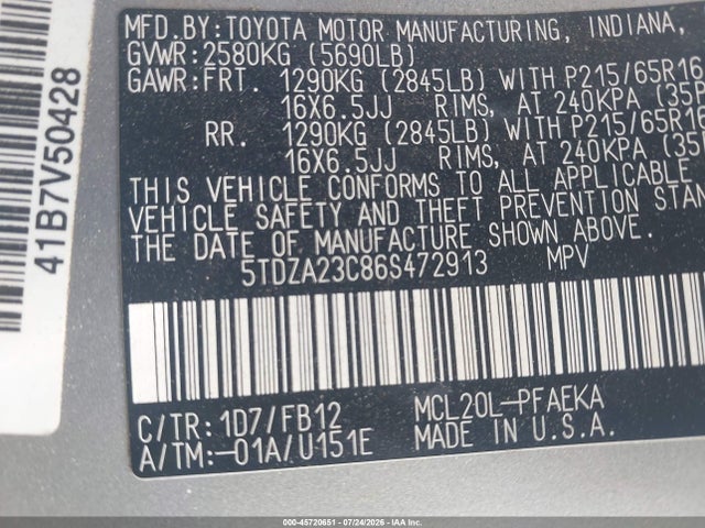 2006 Toyota Sienna Ce მანქანა იყიდება აუქციონზე, vin: 5TDZA23C86S472913, აუქციონის ნომერი: 45720651