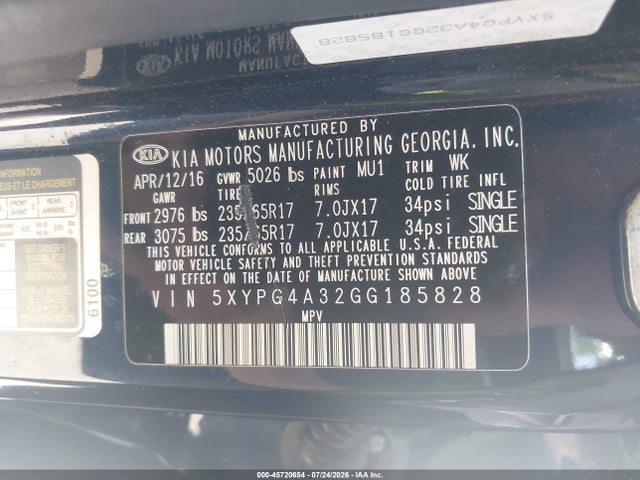 Продажа на аукционе авто 2016 Kia Sorento 2.4l Lx, vin: 5XYPG4A32GG185828, номер лота: 45720654