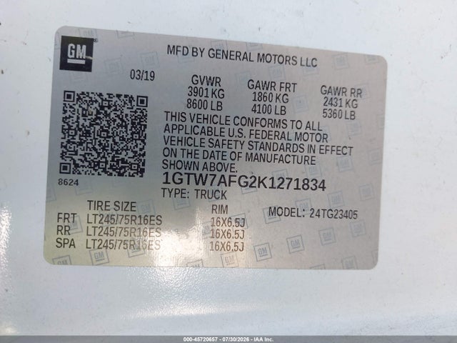 Aukcja sprzedaży 2019 Gmc Savana 2500 Work Van, vin: 1GTW7AFG2K1271834, numer aukcji: 45720657