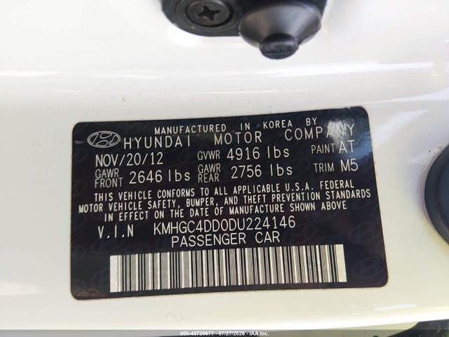 2013 Hyundai Genesis 3.8 მანქანა იყიდება აუქციონზე, vin: KMHGC4DD0DU224146, აუქციონის ნომერი: 45720677