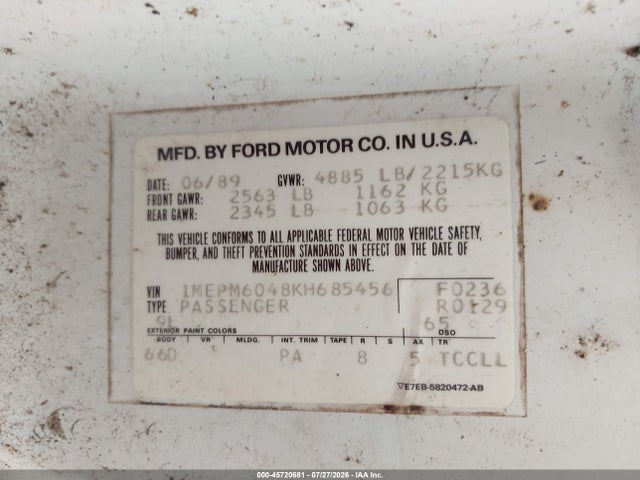 Продаж на аукціоні авто 1989 Mercury Cougar Ls, vin: 1MEPM6048KH685456, номер лоту: 45720681