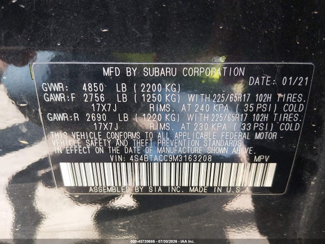 Продаж на аукціоні авто 2021 Subaru Outback Premium, vin: 4S4BTACC9M3163208, номер лоту: 45720686