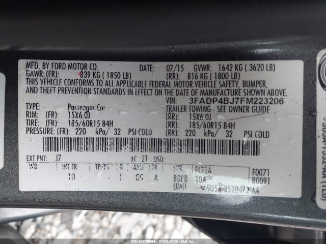45720694 :رقم المزاد ، 3FADP4BJ7FM223206 vin ، 2015 Ford Fiesta Se مزاد بيع