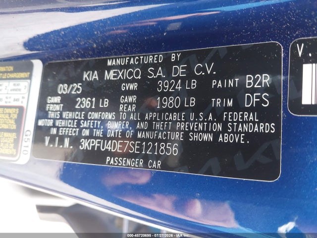 45720695 :رقم المزاد ، 3KPFU4DE7SE121856 vin ، 2025 Kia K4 Ex مزاد بيع