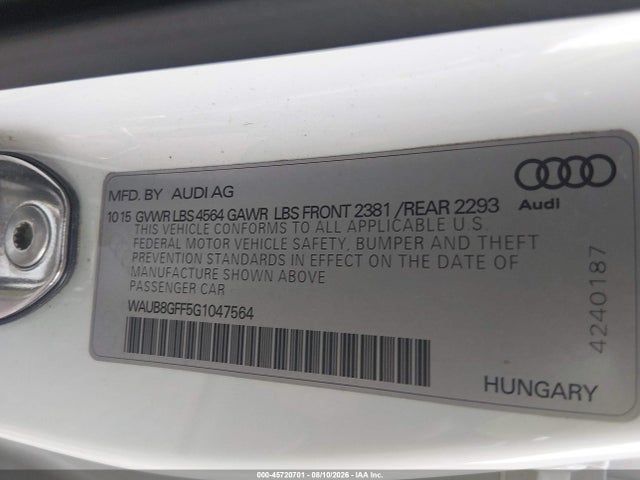 2016 Audi A3 2.0t Premium მანქანა იყიდება აუქციონზე, vin: WAUB8GFF5G1047564, აუქციონის ნომერი: 45720701