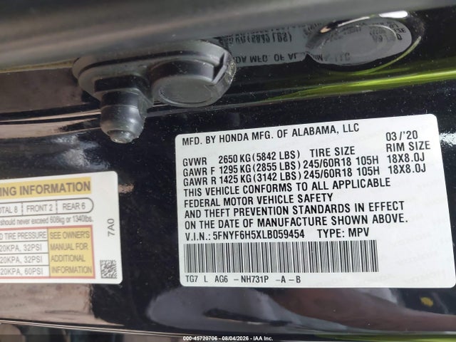 45720706 :رقم المزاد ، 5FNYF6H5XLB059454 vin ، 2020 Honda Pilot Awd Ex-l مزاد بيع