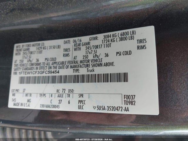 45720723 :رقم المزاد ، 1FTEW1CF3GFC59454 vin ، 2016 Ford F-150 Xlt مزاد بيع
