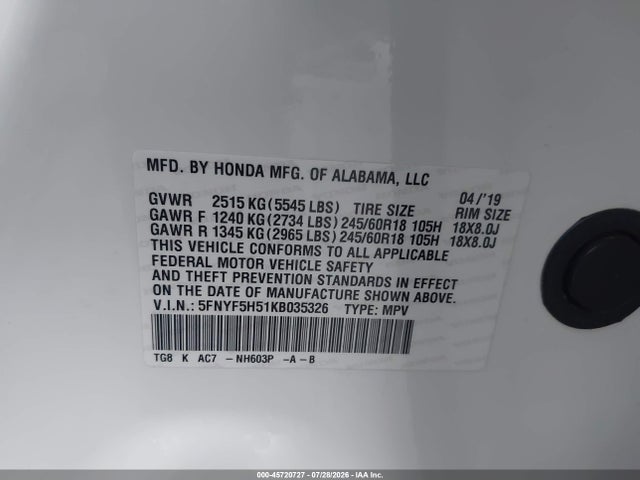 Honda Pilot Ex-l 2019 5FNYF5H51KB035326 Image 9