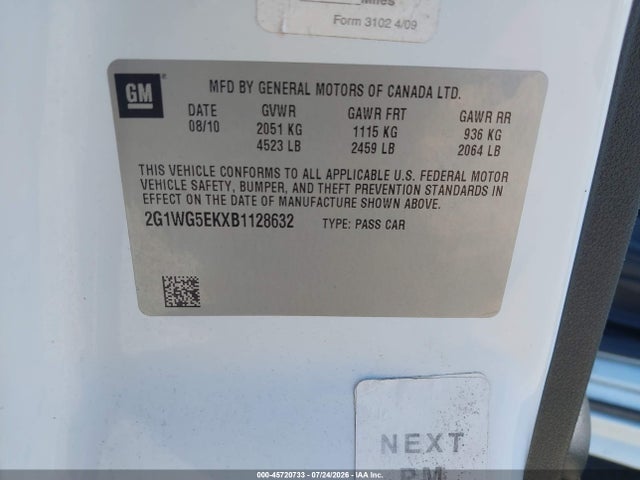 2011 Chevrolet Impala Lt მანქანა იყიდება აუქციონზე, vin: 2G1WG5EKXB1128632, აუქციონის ნომერი: 45720733