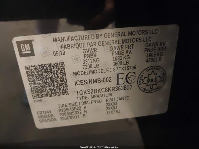 Aukcja sprzedaży 2019 Gmc Yukon Slt, vin: 1GKS2BKC8KR363817, numer aukcji: 45720735