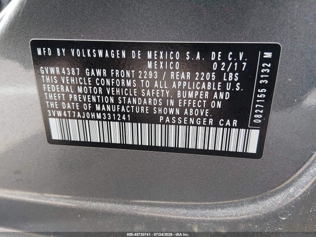 2017 Volkswagen Jetta Gli მანქანა იყიდება აუქციონზე, vin: 3VW4T7AJ0HM331241, აუქციონის ნომერი: 45720741