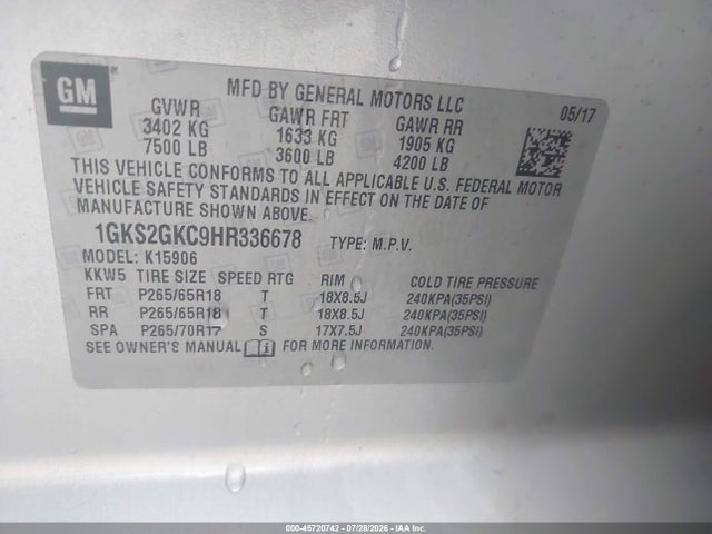 45720742 :رقم المزاد ، 1GKS2GKC9HR336678 vin ، 2017 Gmc Yukon Xl Slt مزاد بيع