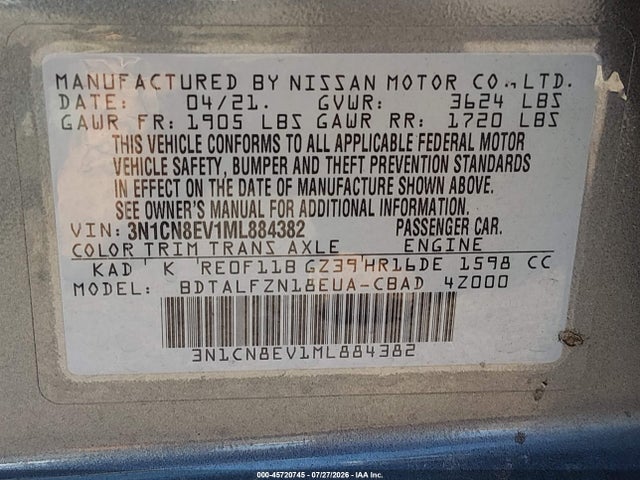 3N1CN8EV1ML884382 Nissan Versa Sv Xtronic Cvt