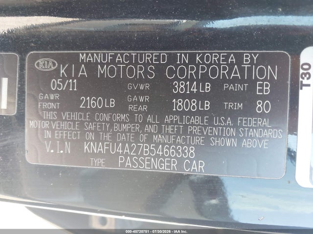 2011 Kia Forte Ex მანქანა იყიდება აუქციონზე, vin: KNAFU4A27B5466338, აუქციონის ნომერი: 45720751